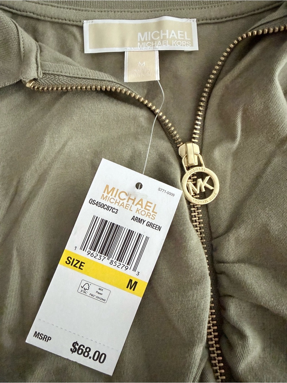 NWT Michael Kors Army Green Ruched Zip Front Top Size M